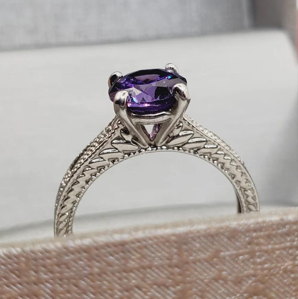 Round Amethyst Simulant Rhodium Plated Silver Tone Solitaire Ring